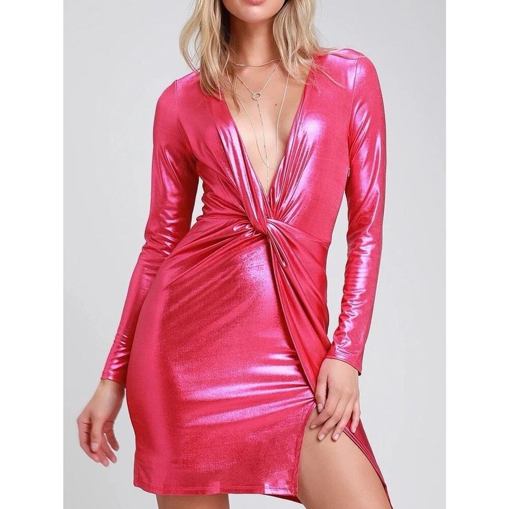 LULUS NWT Glow Like Me Pink Metallic Twist-Front Long Sleeve Dress Size XSmall